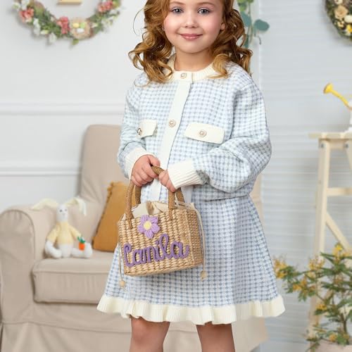 Personalized Crossbody Straw Bag Toddler Girl Flower Play Purse Custom Name Little Girl Beach Hand Bags Embroidered Baby Girls Purses with Customized Name Gift Basket Kids Tote Bag Birthday Gifts4