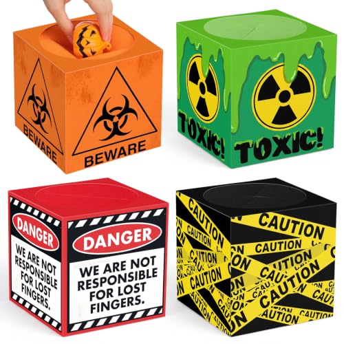 Pasimy 4 Pcs Halloween Mystery Boxes Creepy Sensory Game Box DIY Gift Boxes | Halloween Hazard Warning Designs, Fillable Treat Containers, for Halloween Party Favors Trick or Treat Activities Supplies
