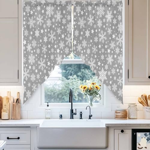 Swag Valance Curtain Tier Pair, Merry Christmas Snowflakes on Grey Rod Pocket Kitchen Valances for Small Window, Winter Falling Snow Star Short Swag Topper for Bedroom Living Room 28x36in