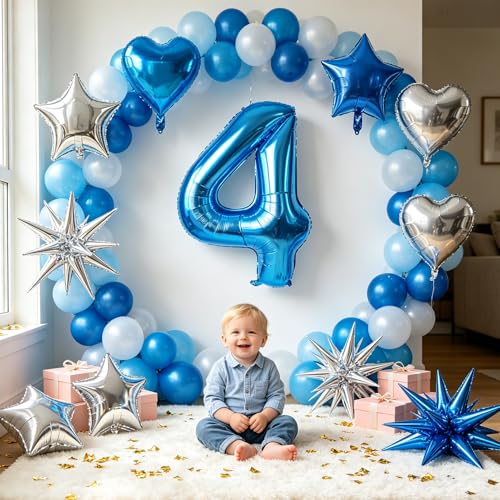 Image of TONIFUL 4th Birthday Balloons Kit 40 Inch Blue Large Number 4 Foil Balloon