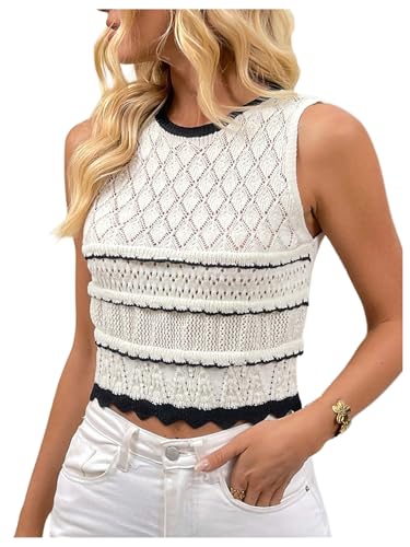 Image of MakeMeChic Women's Sleeveless Scalloped Crochet Round Neck Sweater