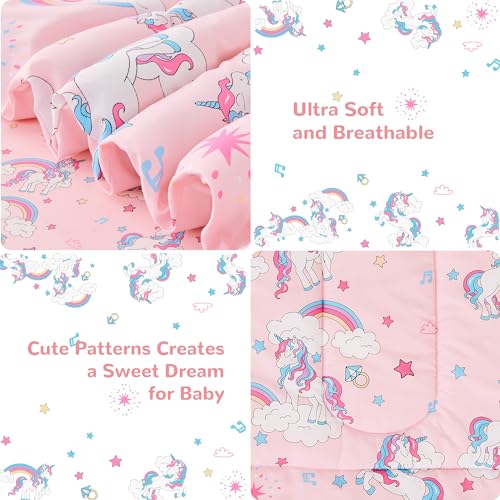 Image of lasoftan Pink Unicorn Toddler Bedding Set for Girls, 4 Piece Bed-in-a-Bag Toddler Comforter Sets, Super Soft and Comfortable Microfiber Todeeler Bed Set