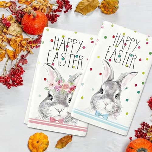 2 Stück Herr & Frau Hasen Ostern Küchentücher Geschirrtücher, Geschirrtuch Ostern, Happy Easter Badetücher, Niedliches Häschen, Weich, Saugfähig, Waschlappen für Fitnessstudio, Yoga, Bad, Dusche