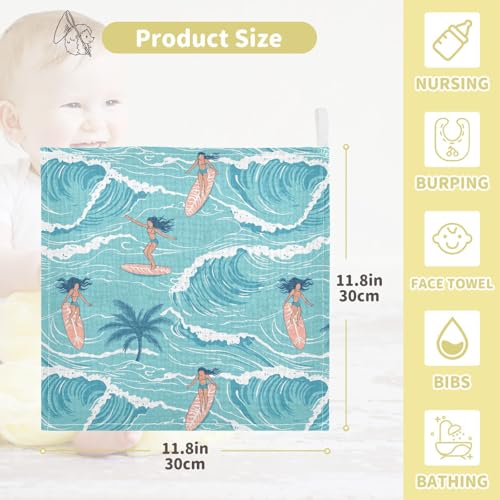 Image of vvfelixl Summer Girl Surfing Baby Burp Cloths Baby Muslin Washcloths for Boys Girls Cotton Babys Face Towel for Newborn Infants Soft and Absorbent 11.8 X 11.8 in, 5 Pack