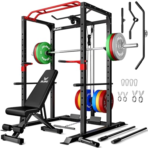 Image of JELENS S11 Power Cage, 2000LB Multi-Function Power Rack with LAT Pulldown, Squat Rack with Adjustable Pulley System and Training Attachments, Weight Rack for Home Gym