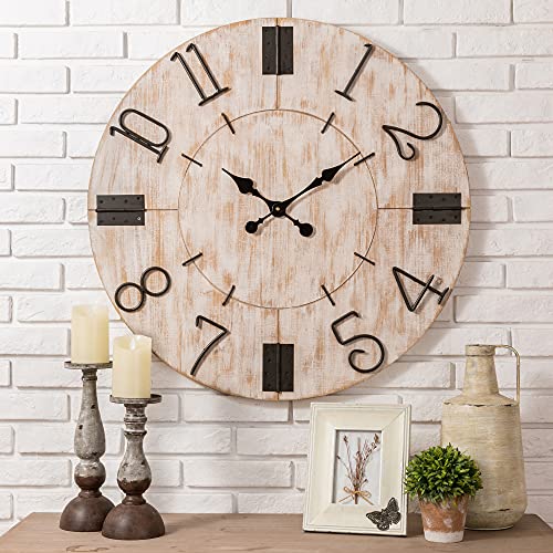 Glitzhome 31.7" D Large Decorative Wall Clock, Round Wooden Farmhouse Battery Operated Clocks With Numerals Wall Decorative For Kitchen Living Room Bedroom Office School #TOP30