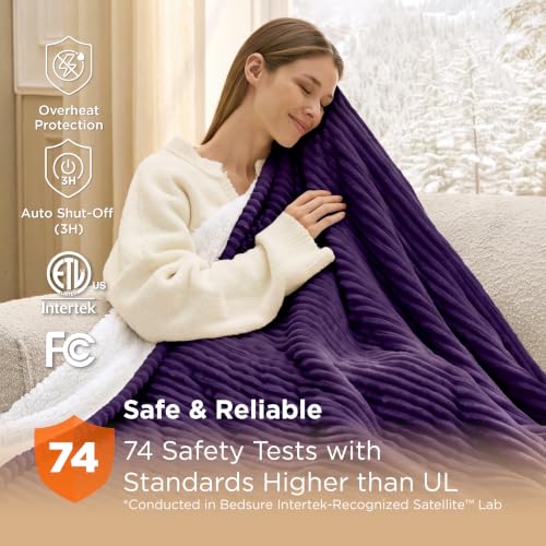 Image of Bedsure Ribbed Heated Blanket Throw XL, Purple Electric Blanket, Preheat
