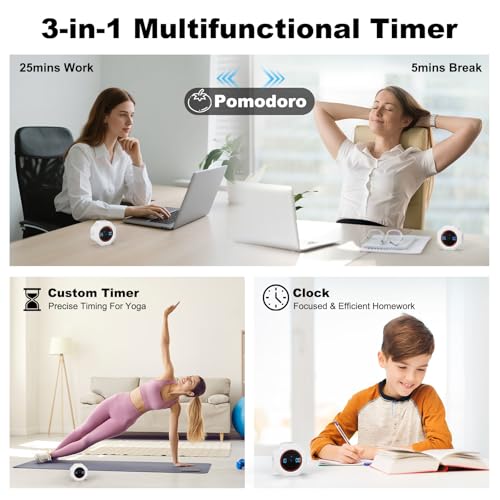 Image of Small Productivity Timer - Pomodoro Timer with 3 /5 /10 /25 /60 Min Presets & Custom Countdown | Magnetic Rechargeable Digital Clock for Desk, Study and Games (White)