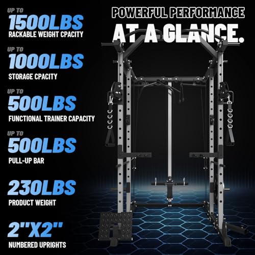 ER KANG Power Cage, 1500LBS Power Rack Cage with Cable Crossover System, Multi-Function Workout Weight Cage with J-Hooks, Band Pegs, Battle Rope Ring Home Gym(Silver Power Cage Only)
