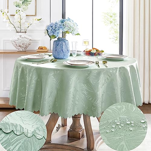 Jacquard Round Tablecloth Sage Green Table Cloth Leaves Pattern Scalloped Edge Silky Soft Waterproof Washable 50 Inch Fabric Table Cover For 20-38" Dinning Table Kitchen Party Banquet Decoration #TOP24
