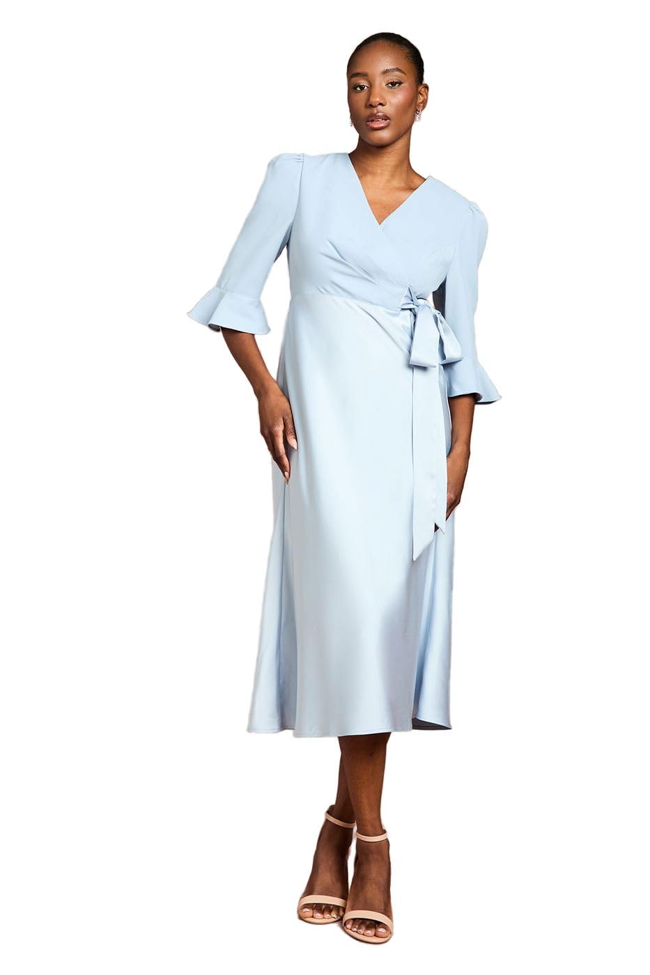 Coast Women's Pale Blue Ruffle Sleeve Satin Back Crepe Wrap Dress In | : Size 18