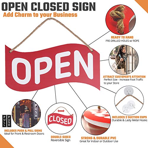 Open Closed Sign for Business – Bundle with 2 Suction Cup, Pull and Push Stickers - Red/Blue Double-Sided Open Signs for Business is The Ideal for Restaurant Stores Bar Windows or Doors (Red) - Thumbnail 2