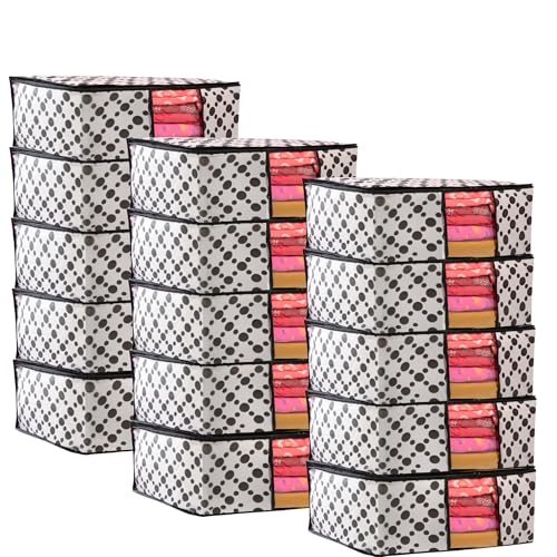 Image of Non-Woven Saree Storage Covers with Zipper & Transparent Window | Dustproof Clothes Organizer Bags for Wardrobe | White Garment Storage Box with Black Dot Design for Saree & Clothing(Pack of 14)