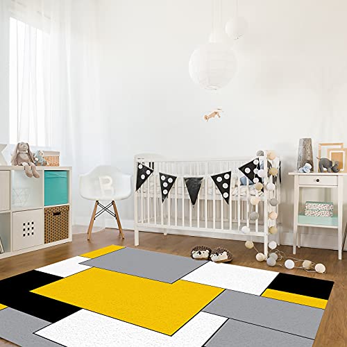 Yellow Black Geometric Area Rugs Indoor Non-Slip Rectangle Rug 5X7 Ft, Abstract Color Block Yellow Black Gray Rug Rubber Backing Floor Mats Contemporary Home Decor Carpet For Entryway Living Room #TOP3