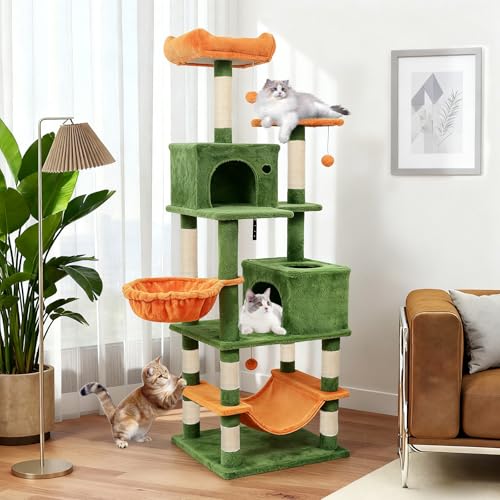 Árbol para gato alto 66 pulgadas multi-niveles verde y naranja miniatura 2