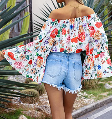 Yeahill Women's Fashion Floral Print Off Shoulder Blouses Bell Sleeve Elastic Pullover Crop Tops(Red Flower,L) #TOP3