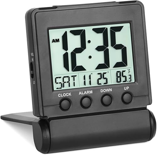 FAMICOZY Pequeño Reloj Despertador Digital Plegable de Viaje con DíaMesFechaTemperatura Interior, Fácil de Leer y Configurar, Volumen de Alarma