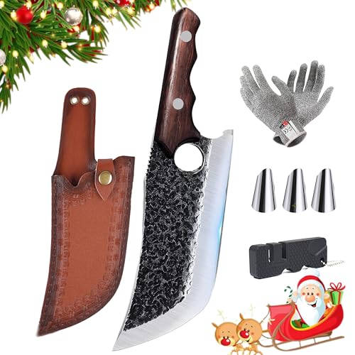 BleezeBlessz Hand Forged Meat Cleaver Knife Fathers Butcher Knife for Meat Cutting Full Tang Chef Knife with Belt Sheath and Gift Box High Carbon Steel Knife for Kitchen or Camping Christmas Gift