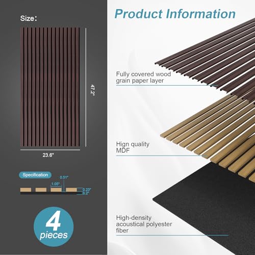 Image of Wood Slat Acoustic Wall Panels, Walnut, 4 Pack, 47.2 x 23.6 in