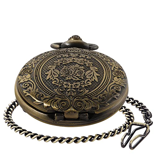 Realpoo Bronze Large Decorative Flower Pattern Pocket Watch White Roman Numeral Scale Quartz Pocket Watches For Men With Chain Christmas/Graduation/Birthday/Father's Day #TOP1
