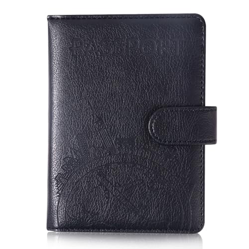 Image of Passport Holder and Card Slot Combo RFID Blocking Leather Family Travel Passport Wallet Travel Accessories for Men Women US Passport Cover Protector (Travel black)