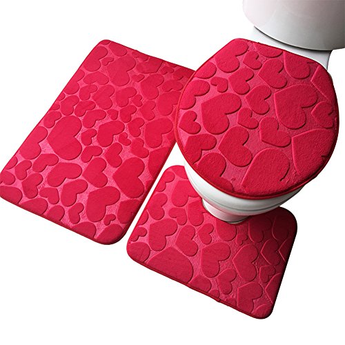 Vi.yo 3 Piezas Juego de Alfombra de Baño Franela Antideslizante Guijarro PatrónToilet Tres Juegos de Alfombra Pedestal Tapa Estera Cubierta de Inodoro (Rojo)