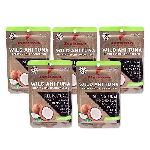 Itsumo Foods Wild Ahi Tuna Packets - Ready to Eat Sashimi Grade Ahi Tuna in Coconut Oil, Gluten Free and Perfect for Keto and Paleo, 2.5 oz x 5 Tuna Pouches