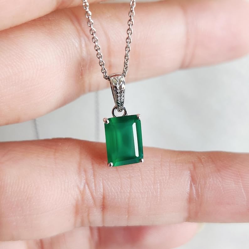 Colgante de ónix natural verde con collar de plata 925 rectangular de 45 cm 3