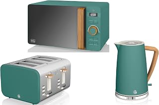 Swan Products Ltd Nordic Kitchen Set in Green Including 1.7L Jug Kettle, 4 Slice Toaster and 800W 20L Microwave. Scandinavian Design Matching Kitchen Electrical Set in Green