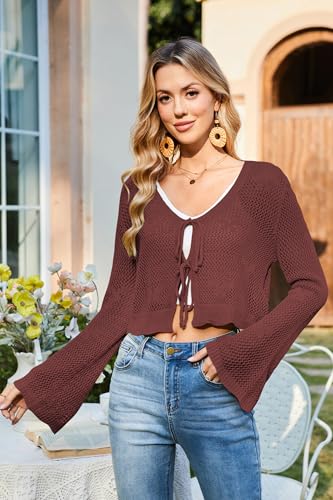 Image of Balimtoy Women Tie Front Cardigan Crochet Sweater Crop Tops Cute Bell Long Sleeve Knit Shrug Beach Vacation Cover Up