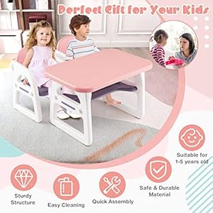 Costzon kids table and chair set 3 piece plastic activity table with building blocks storage shelf for children reading drawing writing arts crafts toddler table and chair set pink  urban country home decor