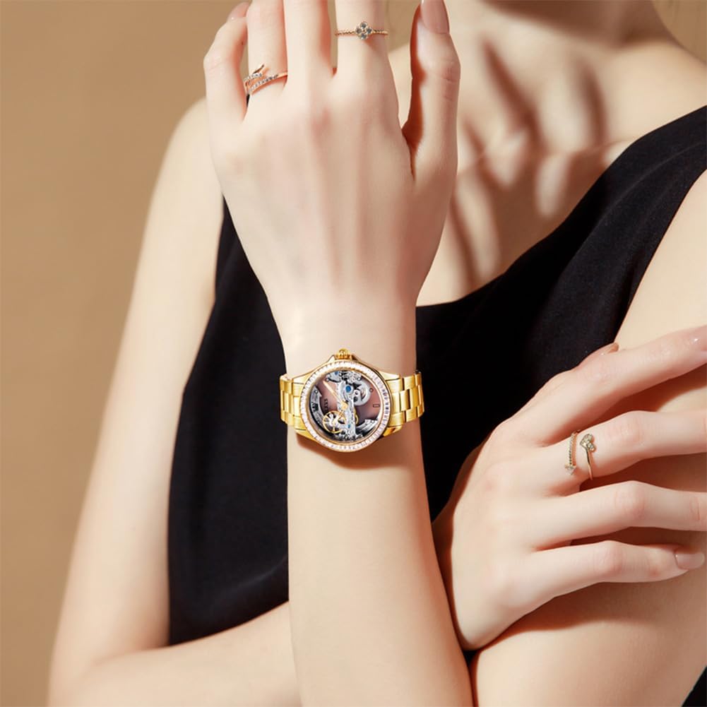 OLEVS Women Watch Skeleton Set Automatic Mechanical Silver Luxury Dress Waterproof Luminous Lady Watch Gift Set - Image 2