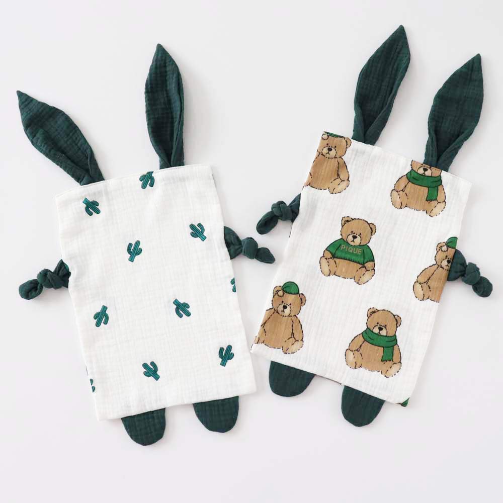 Bunny Security Blanket for Boys and Girls ,Cotton Soft Breathable Muslin Soothing Towel Appeasing Toy ,Gift for Infant and Toddler,2 Pcs Set (BigBear&Cactus)