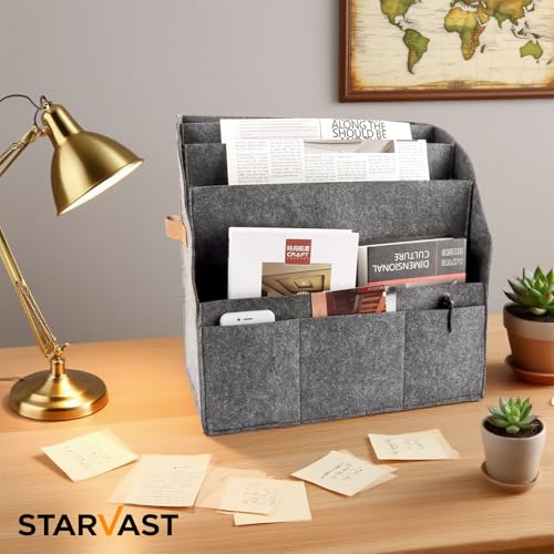 STARVAST 2 Stück Zeitschriftenständer, Modern sammler Faltbarer,Aufbewahrungsständer für große Filz-Zeitungskörbe,abnehmbare 4-lagige Trennwand,3 kleine Außentaschen,Lager für Haus und Büro (Dunkelgr