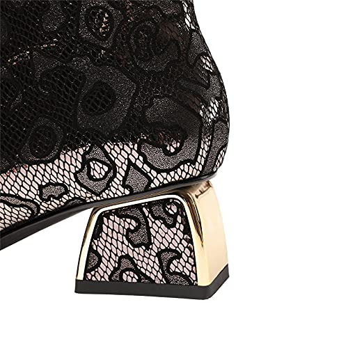 TinaCus Women's Handmade Patent Genuine Leather Block Heel Side Zip Up Floral Mesh Hollow Ankle Boots with Heart Decor4