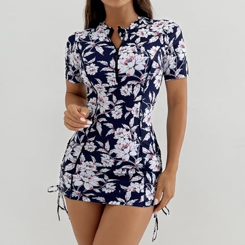 ABAFIP Women's Short Sleeve Swimsuit Zip One Piece Swimdress Surfing Bathing Suit Side Drawstring Swimwear2