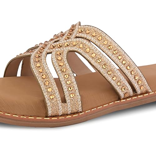 Image of Centrino Women's Beaded Flat Sandals| Open Toe Stylish Slip-On Sandals for Ladies | Metallic Crisscross Straps with Soft Cushioned Footbed for Comfort | Lightweight Casual Fashion Footwear (9305)