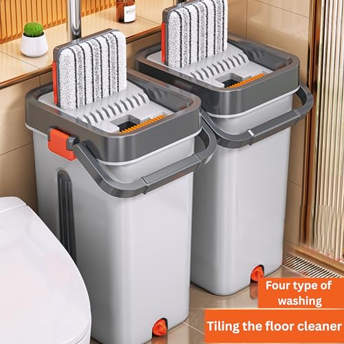 Image of Mop Bucket Heavy Quality Floor Mopp with Bucket, Aluminium pad,Flexible Kitchen tap Flat Squeeze Cleaning Supplies 360 Flexible Mopp Head /2 Reusable Pads Clean Home Floor Easy to Use (Orange)