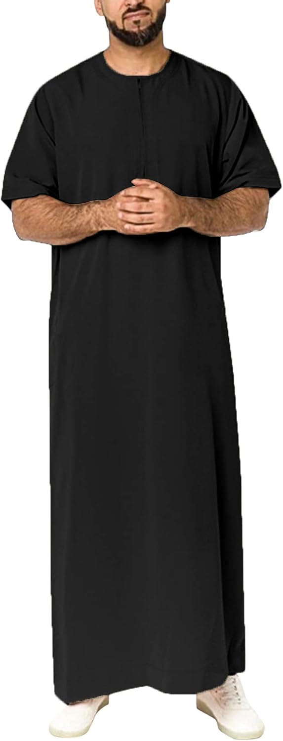 YAOHUOLE Thobe for Men Cotton Linen Round Neck Kaftan Short Sleeve Islamic Lounge Abaya Robes with Zipper placket YAOHUOLE Thobe for Men Cotton Linen Round Neck Kaftan Short Sleeve Islamic Lounge Abaya Robes with Zipper placket