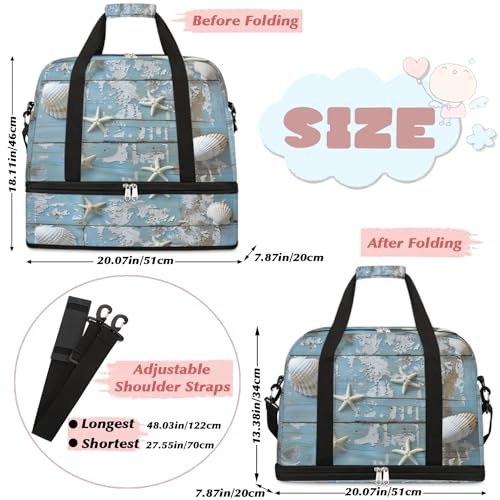 Travel Duffel Bag with Shoe Compartment, Starfishes Shells Shoulder Weekender Bags for Women, Foldable Waterproof Travel Bag Carry on Bag2