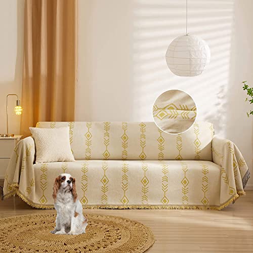 Stacypik 1Pc Geometric Dogs Beige Sectional Couch Cover For 3 Cushion Couch,Soft Tassel Vintage Couch Slipcovers Sofa Cover Blankets For Living Room Washable Pets Furniture Protector Ftted-71X134In #TOP18