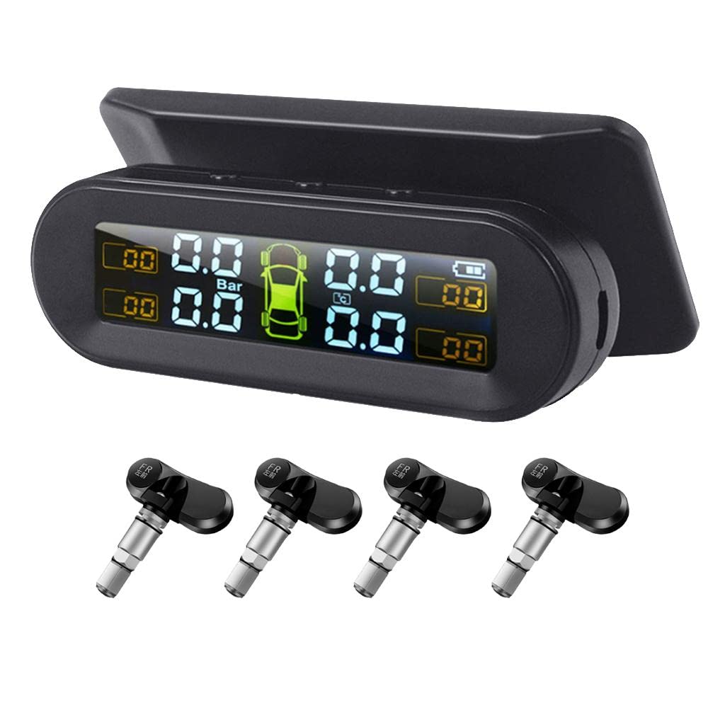 Sistema de monitoreo de presión de neumáticos para automóviles Medidor de presión de neumáticos Solar - 4 sensores externos Pantalla LCD para RV, MPV, SUV, sedán, Negro, sensores internos