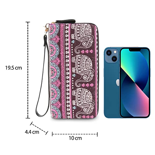 LATH.PIN RFID Blocking Bohemian Purse Wallet Canvas Elephant Pattern Handbag with Coin Pocket and Strap4