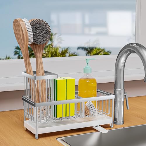 Sponge Holder for Kitchen Sink with Auto Draining Tray,Kitchen Sink Caddy Organizer with Brush Holder, Rustproof 304 Stainless Steel Dish Organizer Divider, Soap Dispenser Storage (Silver)