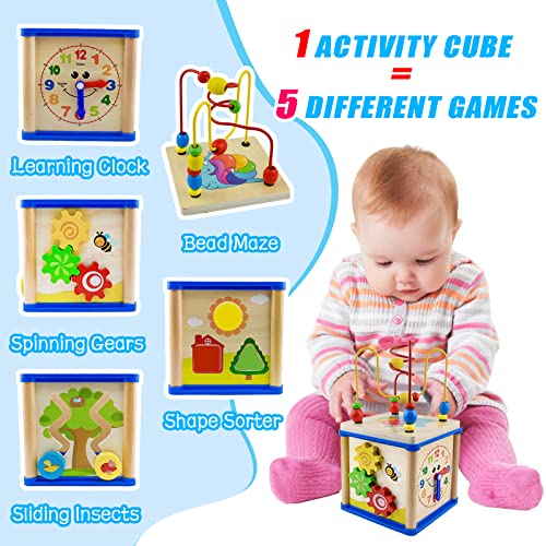 Surplex Motorikwürfel Perlen Labyrinth, 5-in-1 SpielCenter Aktivität Würfel für Baby Lernspielzeug ab 12 Monate, Achterbahn Beads Maze Babys Montessori-Spielzeug, Geschenke für Mädchen ＆ Jungen