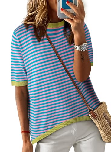 Image of Dokotoo Womens Tops 2026 Casual Summer Crewneck Short Sleeve Striped Color Block Knit High Low Trendy Pullover Sweaters