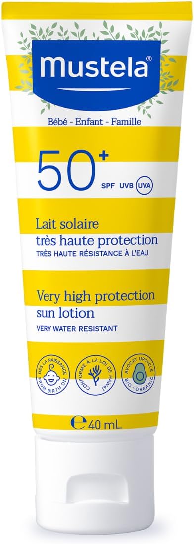 Mustela Sunscreen SPF 50-40ml - Broad Spectrum UV Protection for Sensitive Skin - Water-Resistant Baby Sunscreen - Hypoallergenic & Dermatologist-Tested - For babies and adults