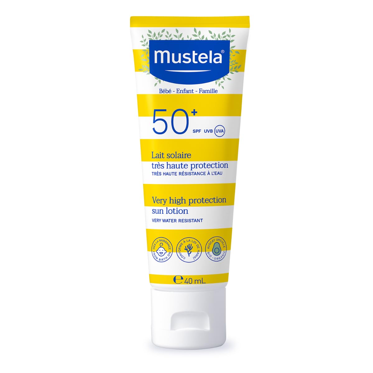 Mustela Sunscreen SPF 50-40ml: Broad Spectrum Protection for Sensitive Skin, Water Resistant Formula for Babies and Adults
