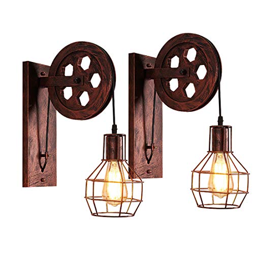 iDEGU 2 Pezzi Vintage Lampade da Parete Industriale Appliques da Parete Stile Puleggia Lampada a Muro Retro Luce da Muro per Bar, Camera da letto, Soggiorno, Ristorante, Bar, Corridoio - Ruggine Rossa