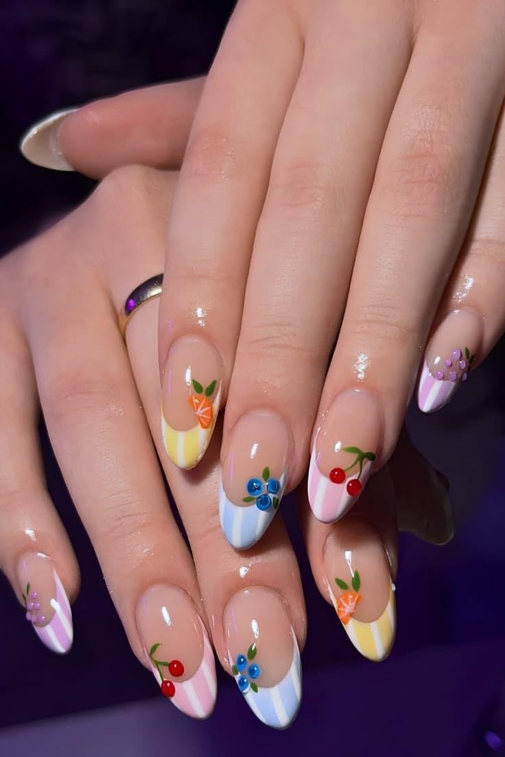 Press-On Nails, Almond Shape, Colourful French Tips with Fruit Art, Glossy Finish, Reusable Set of 12-image-49